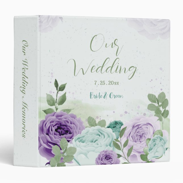 blue purple flowers greenery wedding album 3 ring binder (Front/Spine)