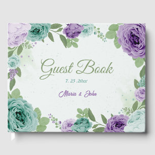 blue purple flowers greenery wedding guest book