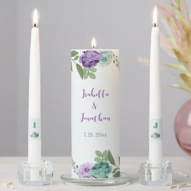 blue purple flowers greenery wedding unity candle set (In Situ)
