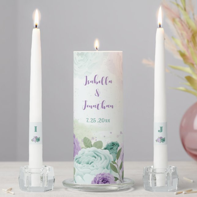 blue purple flowers greenery wedding unity candle set (In Situ)
