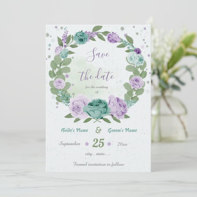 blue purple flowers greenery wreath  save the date (Standing Front)
