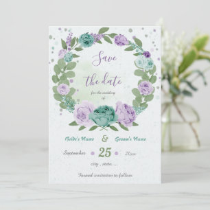 blue purple flowers greenery wreath  save the date