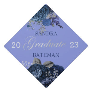 Blue Purple Flowers Silver Graduation Party Anno Cap Topper
