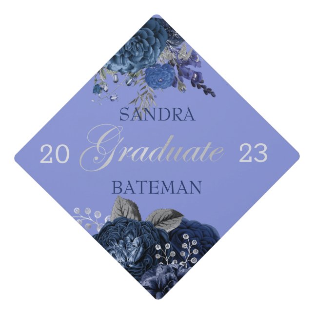 Blue Purple Flowers | Silver Graduation Party Anno Graduation Cap Topper (Front)