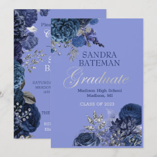 Blue Purple Flowers | Silver Graduation Party Announcement