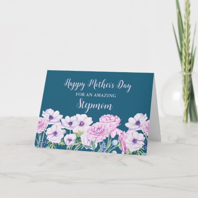 Blue Purple Flowers Stepmom Happy Mother's Card (Front)