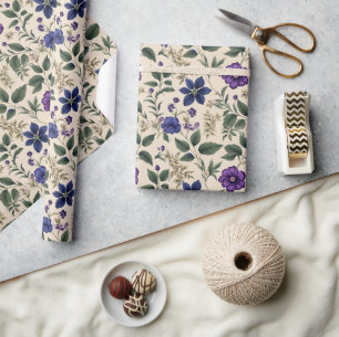 Blue & Purple Flowers with Ivory & Green Foliage Wrapping Paper