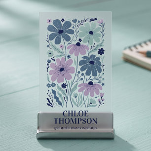 Blue Purple Folk Floral Clear Business Cards