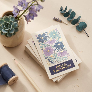 Blue Purple Folk Floral Foil Business Cards