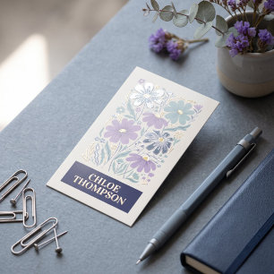 Blue Purple Folk Floral Foil Spot Gloss Business Cards