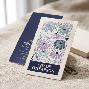 Blue Purple Folk Floral Raised Spot UV Business Card