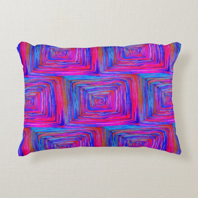 Blue Purple Fuchsia Square Pattern Boho Accent Pillow (Front)