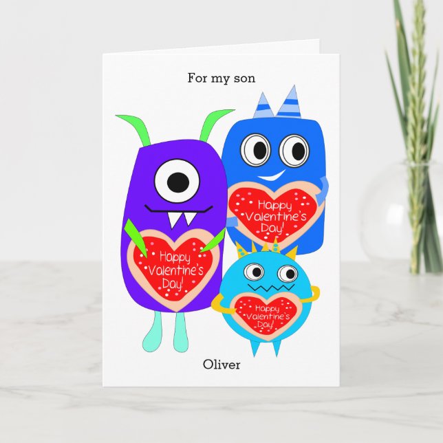 Blue Purple Funny Monster Valentine's Day Grandson Holiday Card (Front)