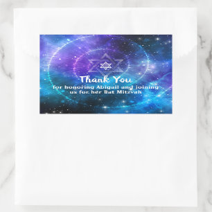 Blue Purple Galaxy Bat Bar Mitzvah Thank You Rectangular Sticker
