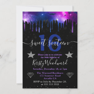 Blue & Purple Galaxy Marble Sweet Sixteen Invitation