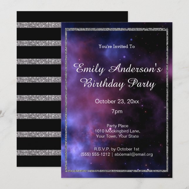 Blue Purple Galaxy Silver Birthday Invitation (Front/Back)