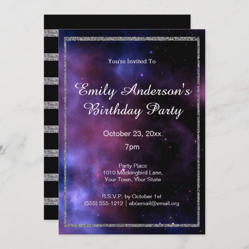 Blue Purple Galaxy Silver Birthday Invitation