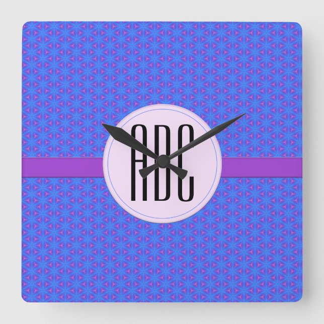 Blue Purple Geometric Personalized Monogram Square Wall Clock (Front)