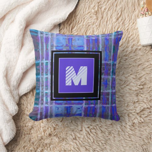 Blue Purple Geometric Watercolor Monogram  Throw Pillow