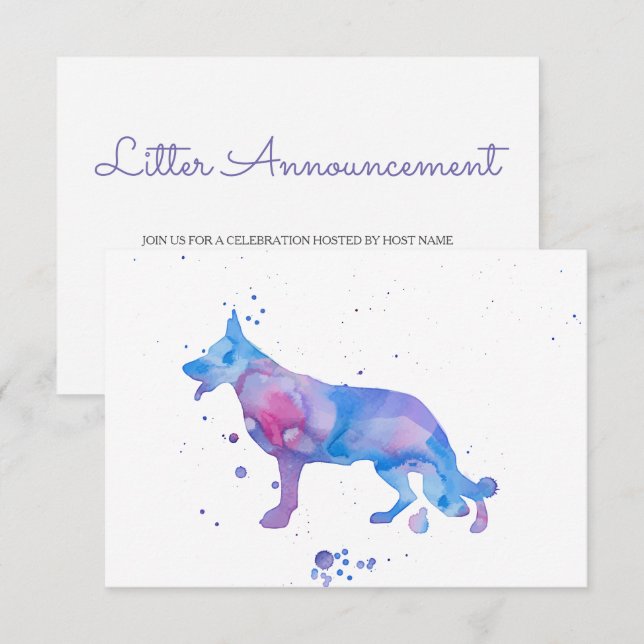 Blue Purple German Shepherd Watercolor Dog Invitation (Front/Back)