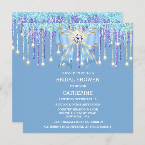 Blue purple glitter diamond bow shimmer lights invitation