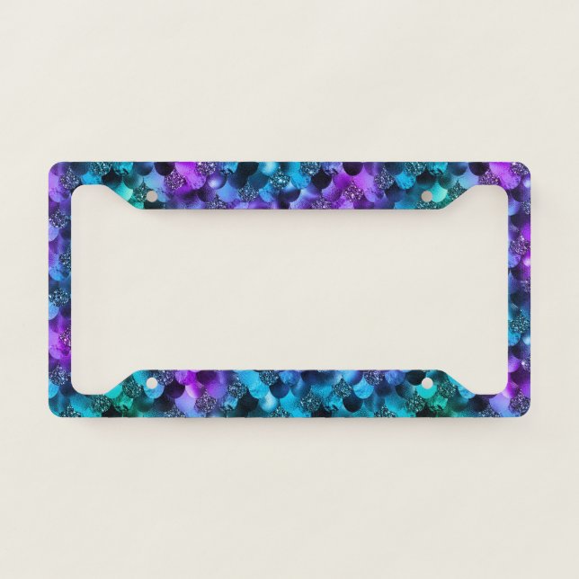 Blue & Purple Glitter Ocean Glamour Mermaid Scales License Plate Frame (Front)
