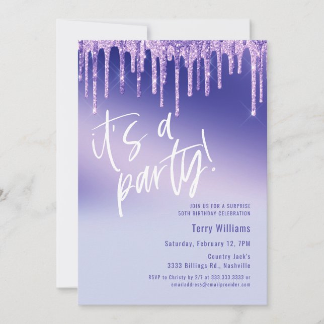 Blue Purple Glitter Surprise 50th Birthday Party Invitation (Front)