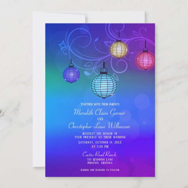 Blue Purple Glowing Paper Lanterns Wedding  Invitation (Front)