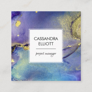 Blue Purple & Gold Alcohol Ink Liquid Art Square Business Card