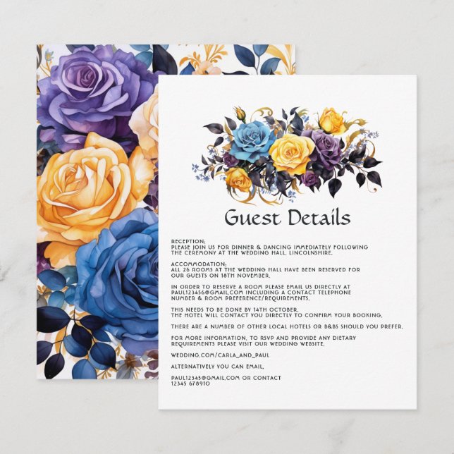 Blue, Purple, Gold, and Black Floral Guest Details Enclosure Card (Front/Back)