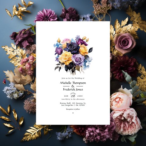 Blue Purple Gold and Black Floral Wedding Invitation