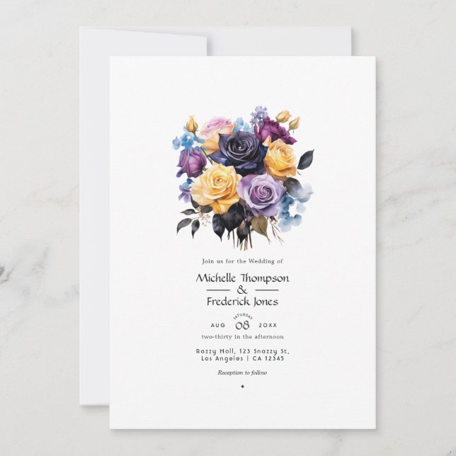 Blue, Purple, Gold, and Black Floral Wedding Invitation (Front)