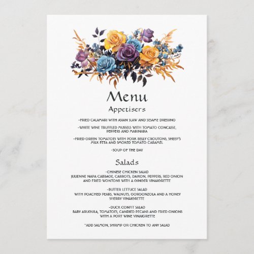 Blue Purple Gold and Black Floral Wedding Menu