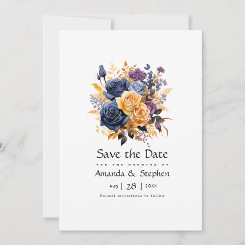 Blue Purple Gold and Black Floral Wedding Save The Date