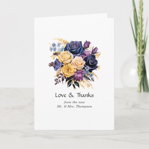 Blue Purple Gold and Black Floral Wedding Thank You Card