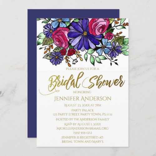 Blue Purple Gold Floral Bouquet Bridal Shower Invitation