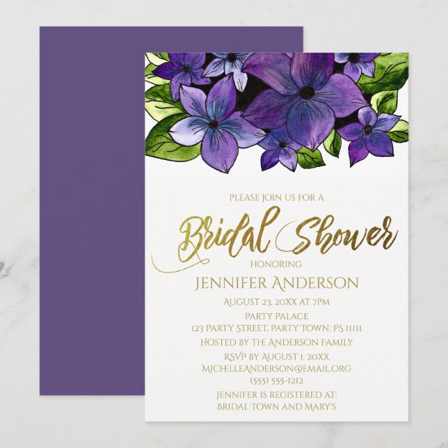 Blue Purple Gold Floral Bouquet Bridal Shower Invitation (Front/Back)