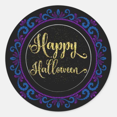 Blue Purple Gold Glitter On Black Happy Halloween Classic Round Sticker