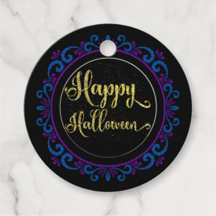 Blue Purple Gold Glitter On Black Happy Halloween Favor Tags