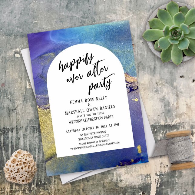 Blue Purple Gold Ink Happily Ever After Party Arch Invitation (Creator Uploaded)