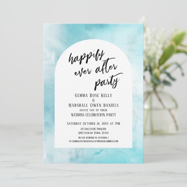 Blue Purple Gold Ink Happily Ever After Party Arch Invitation (Standing Front)