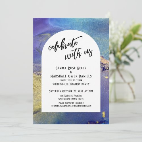 Blue Purple Gold Inks Celebrate with Us Arch Invitation