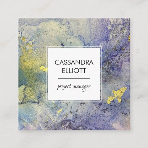 Blue Purple  Gold Marbled Abstract Liquid Art Square Business Card