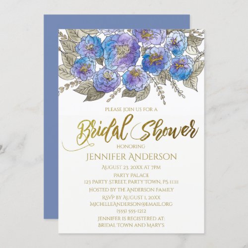 Blue Purple Gold Rose Floral Bouquet Bridal Shower Invitation