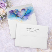 Blue Purple Gold Watercolor Heart Wedding Envelope
