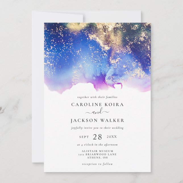Blue Purple Gold Watercolor Ink Wash Wedding Invitation (Front)