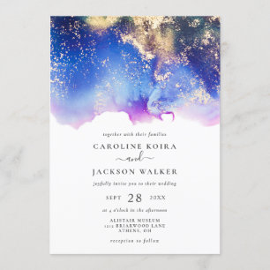 Blue Purple Gold Watercolor Ink Wash Wedding Invitation