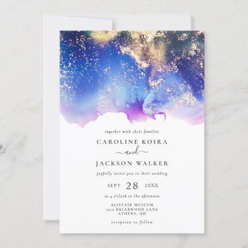 Blue Purple Gold Watercolor Ink Wash Wedding Invitation