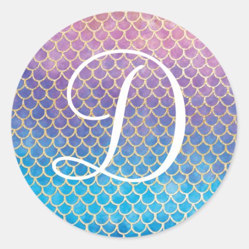 Blue Purple Gold Watercolor Mermaid Scale Monogram Classic Round Sticker