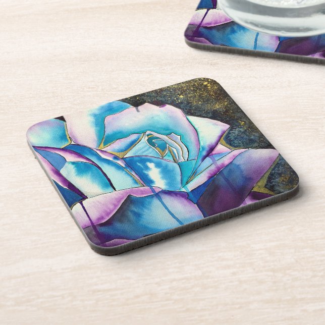 Blue purple gothic watercolor rose art beverage coaster (Left Side)